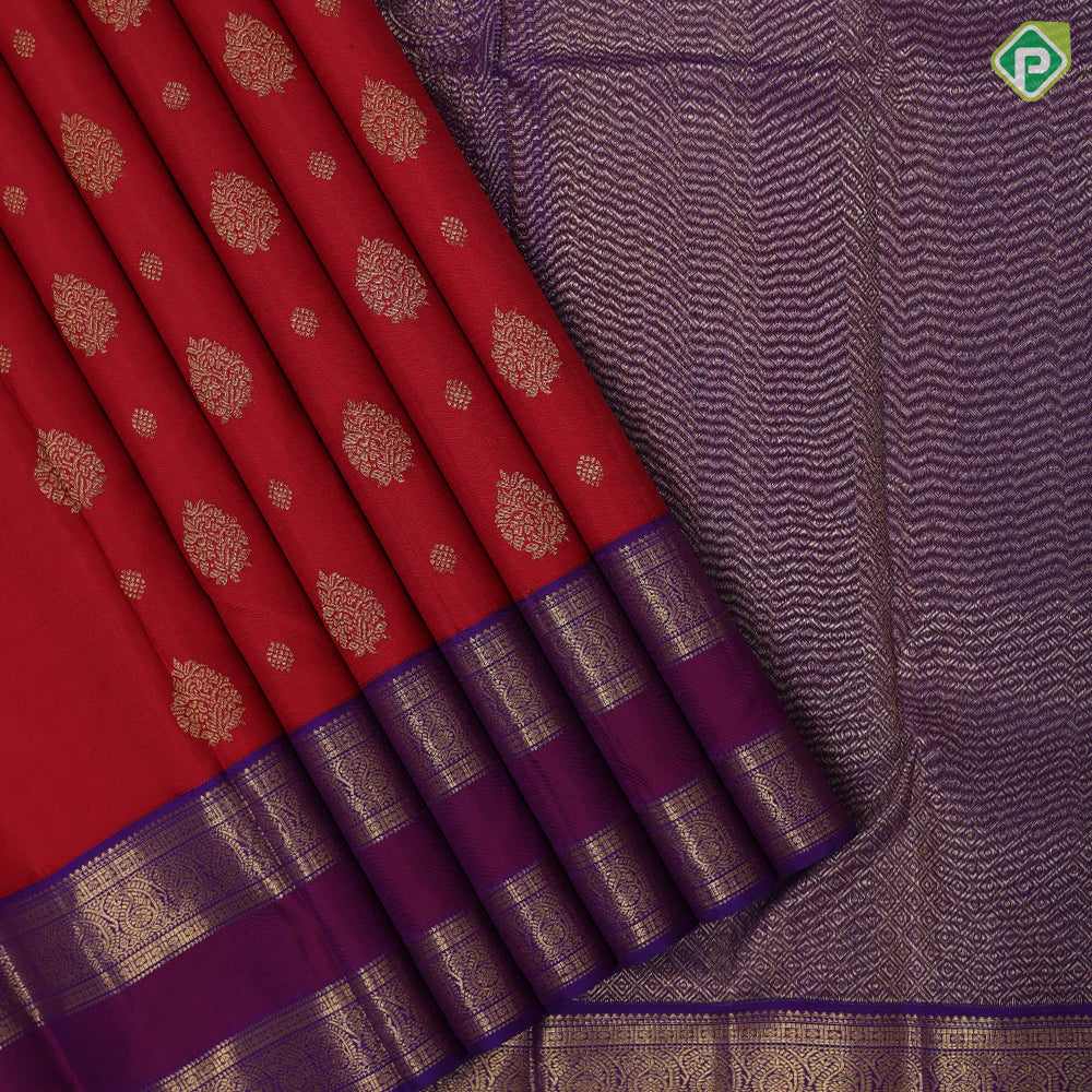 Chilly red gold zari thilagam rudraksham butta design purple and blue silver gold zari rettapett border navratri special silk saree