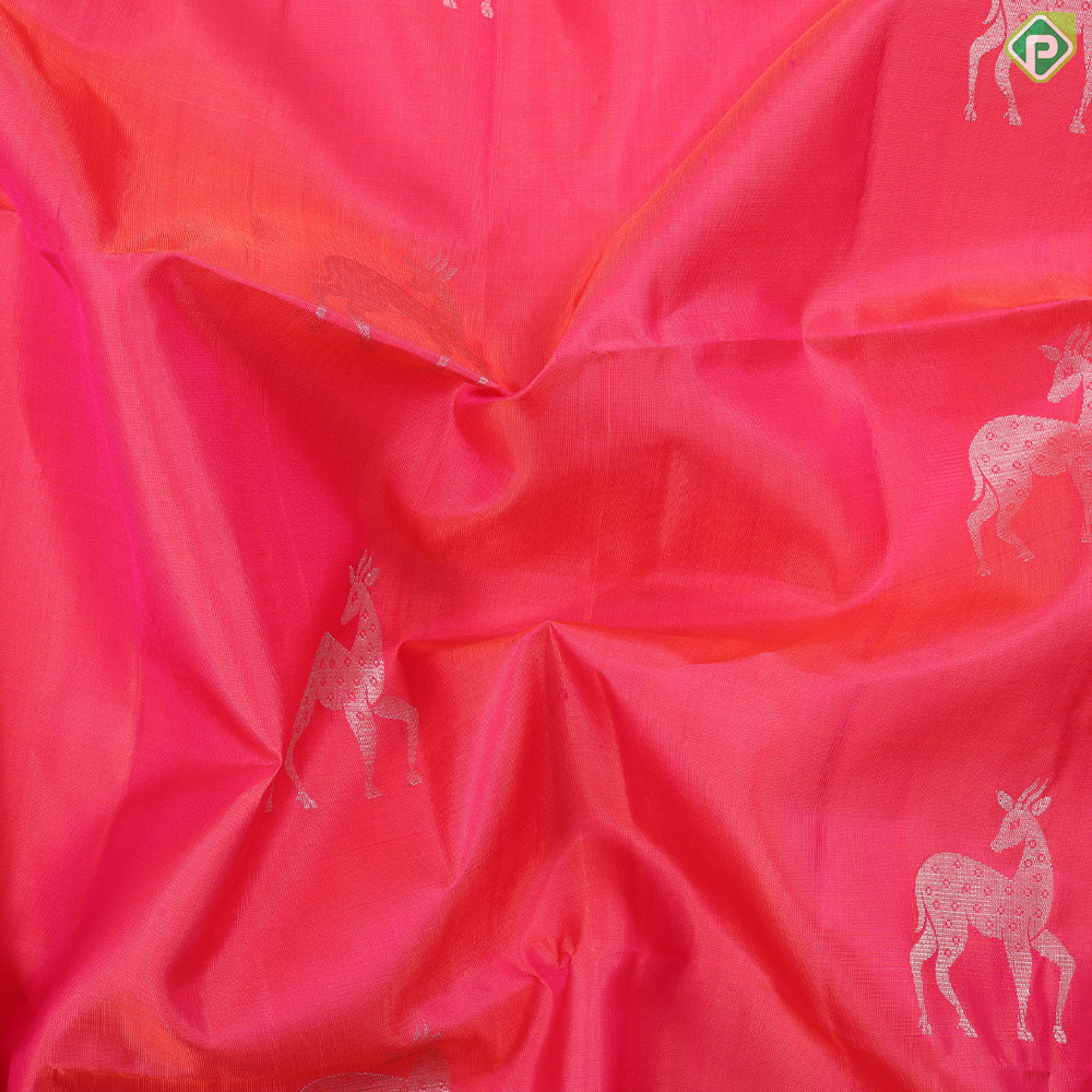 Orangish pink silver gold zari deer butta body design self zari kattam border Soft silk Saree