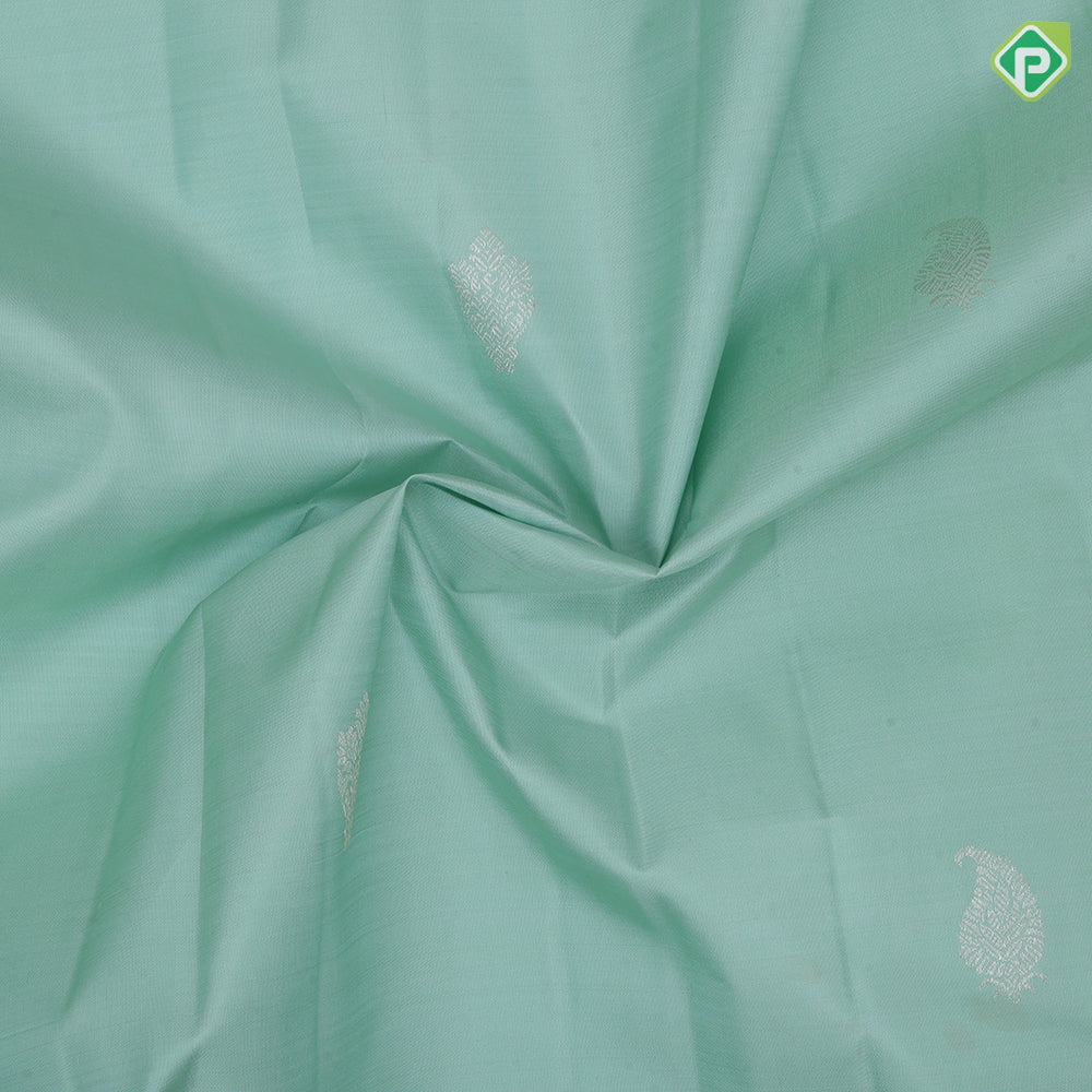 Sea foam green silver zari mango butta design self silver zari floral meena work border trendy designer silk saree