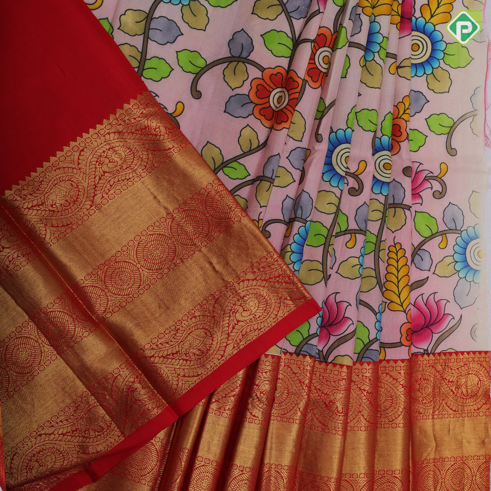 pastel colour base multi color kalamkari digital printed design rani red gold zari rangoli multi lines border pattu paavadai lehanka