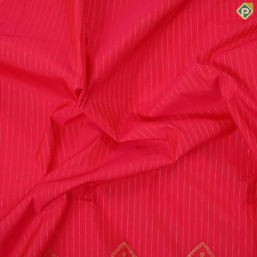 Tomato red gold zari stripes peacock design contrast cream gold zari thilagam border art silk gift saree