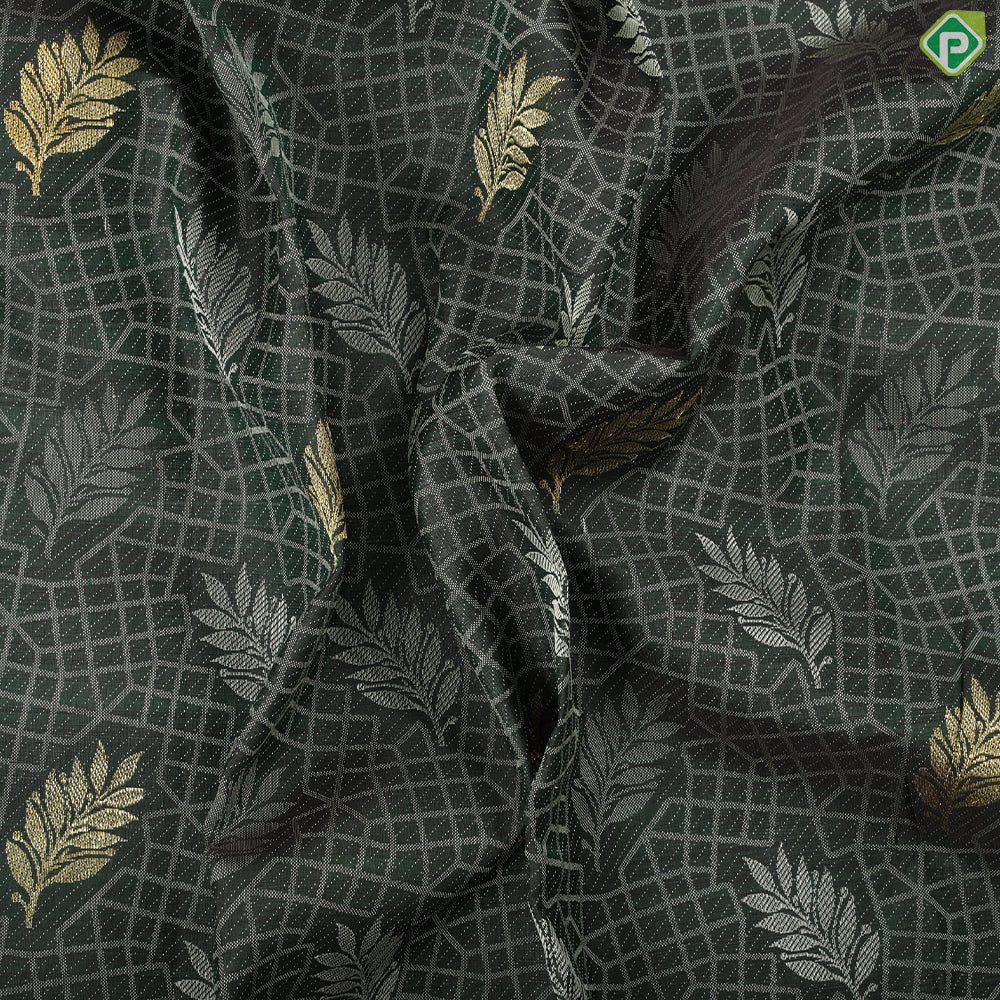 Olive green gold zari leaf butta thread work design self multi color zari butta border trendy silk saree