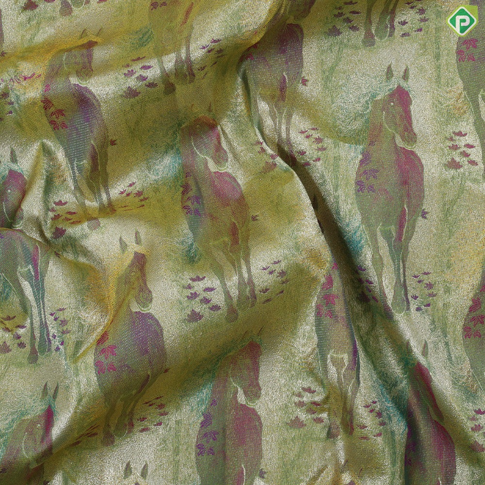 parrot green horse garden painting inspired tissue contrast sea blue silver gold zari diamond border trendy silk saree