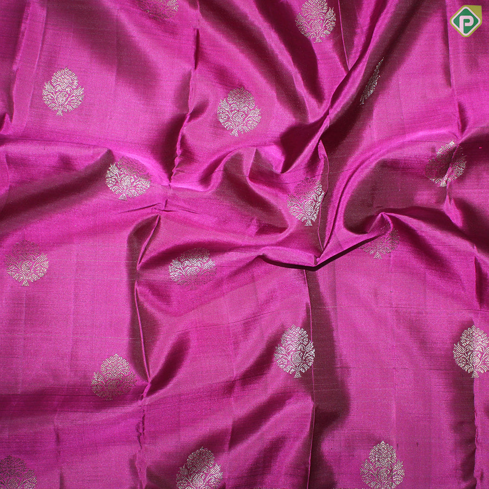 Magenta With Neem Zari Flower Butta Self With Silver Zari Border Traditional Silk Saree