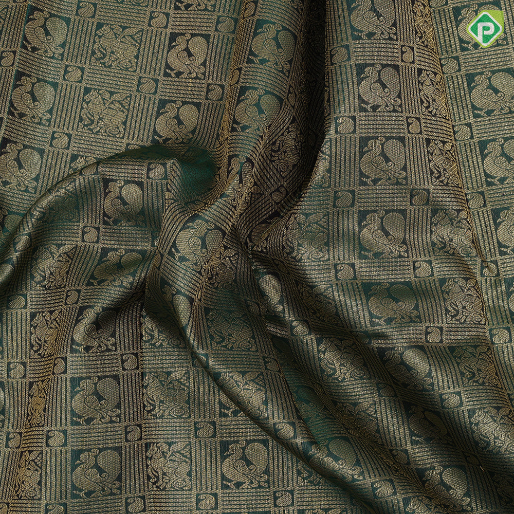 Forest green gold zari flying horse and annam butta checks Pink gold zari rangoli design temple border traditional silk saree