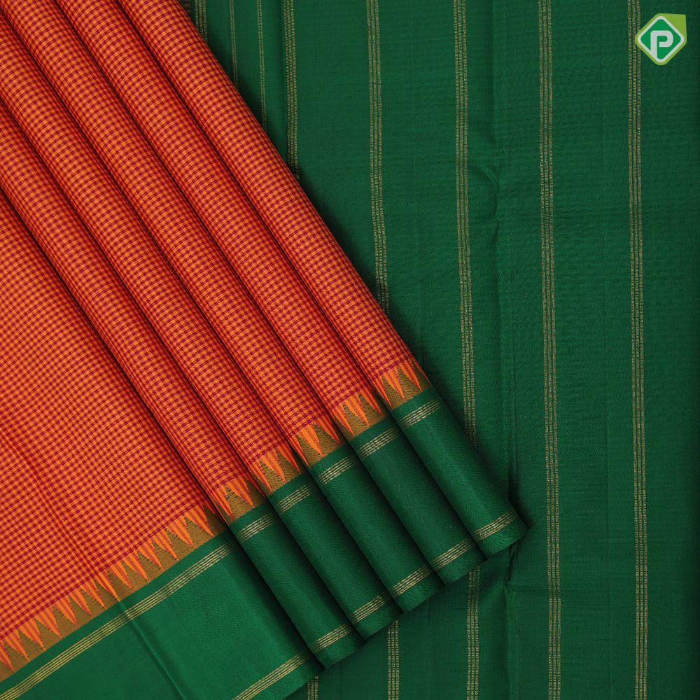 orange and red combo micro checks design forest green gold zari retta pett border gift silk saree
