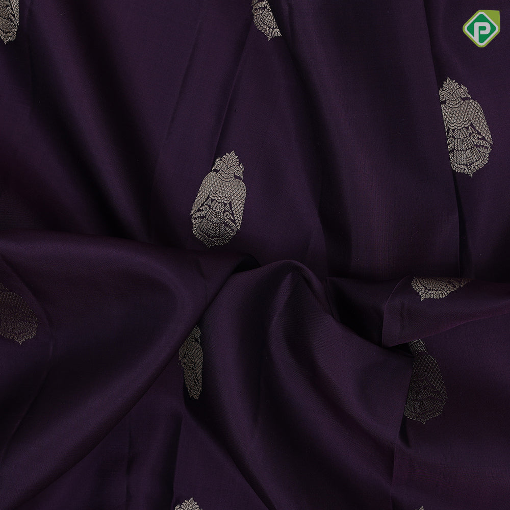 Grape purple silver gold zari kandapiranda butta self silver gold zari bavanji border traditional silk saree