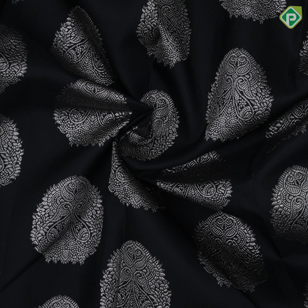 Black colour Silver Zari Thigam Butta Design Border Less Ledge Green Colour Luxury Black Silk Saree
