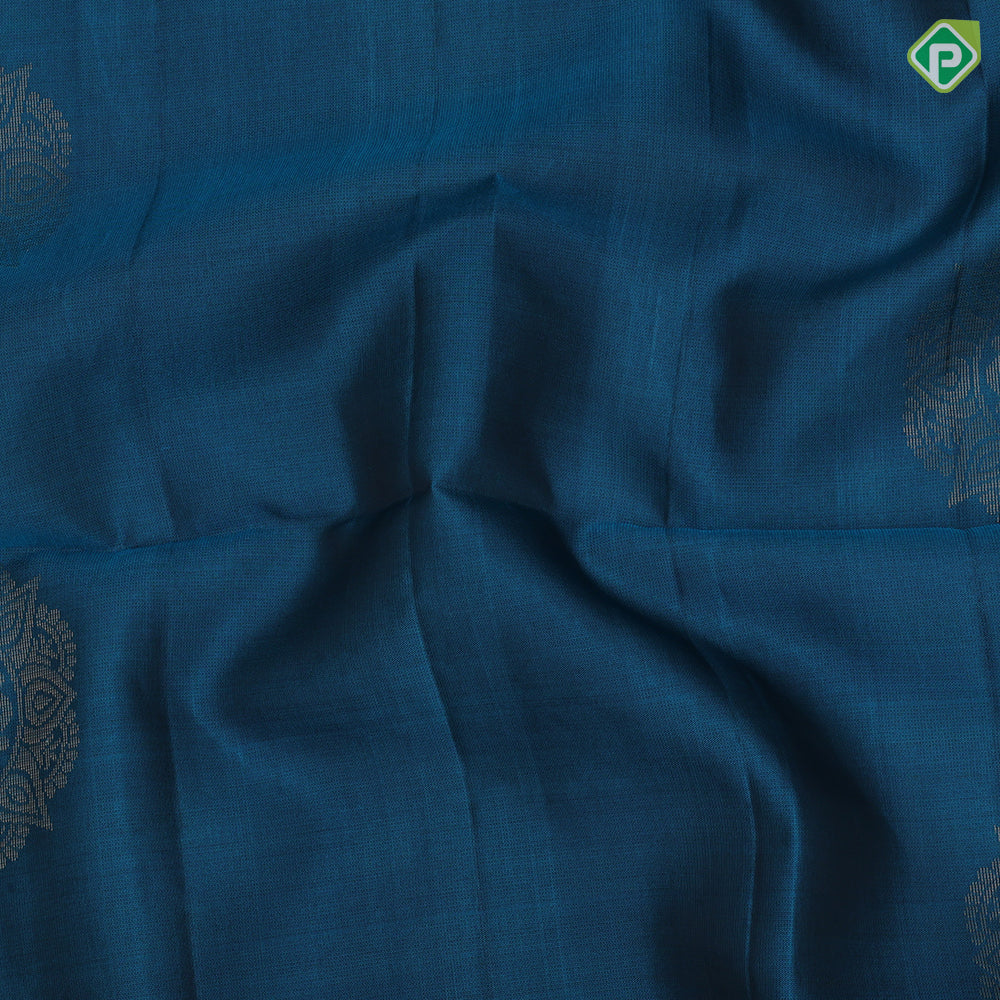 Peacock blue gold zari round rangoli butta motifs Purple Plain border grand pallu soft silk saree