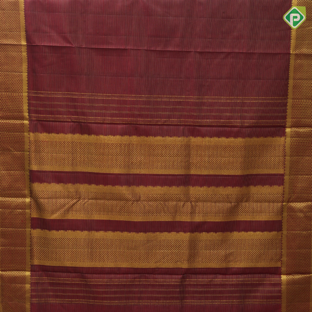 Maroon red gold zari vairaoosi lines design self gold zari mayilkan border 9 yards madisar silk saree