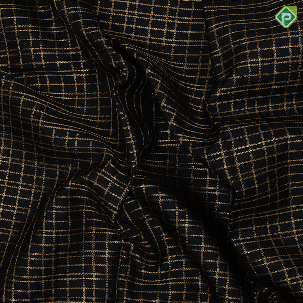 Black colour Gold Zari Checked Design Self Colour Elephant Horse Floral Border Design Luxury Black Silk Saree