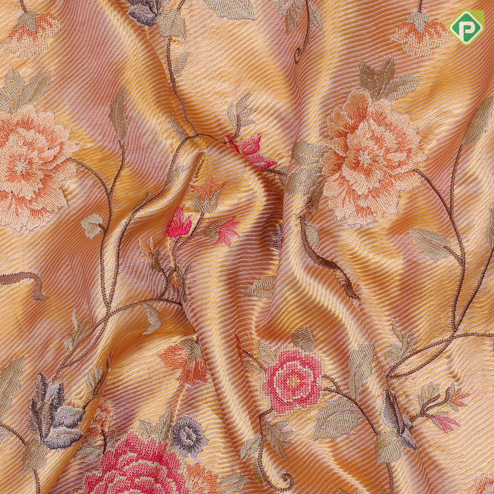 light Lavender gold zari with silk thread floral embroidered design plain gold zari zig zag border embroidery silk saree