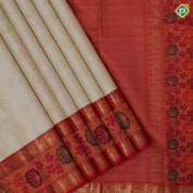 Milk white gold zari rangoli and butta design rani red gold zari mid pythonic meena work border exclusive bridal silk saree