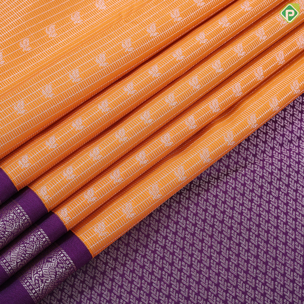 Honey orange silver zari stripes butta design contrast purple rettapet border art silk gift saree
