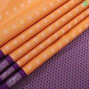 Honey orange silver zari stripes butta design contrast purple rettapet border art silk gift saree