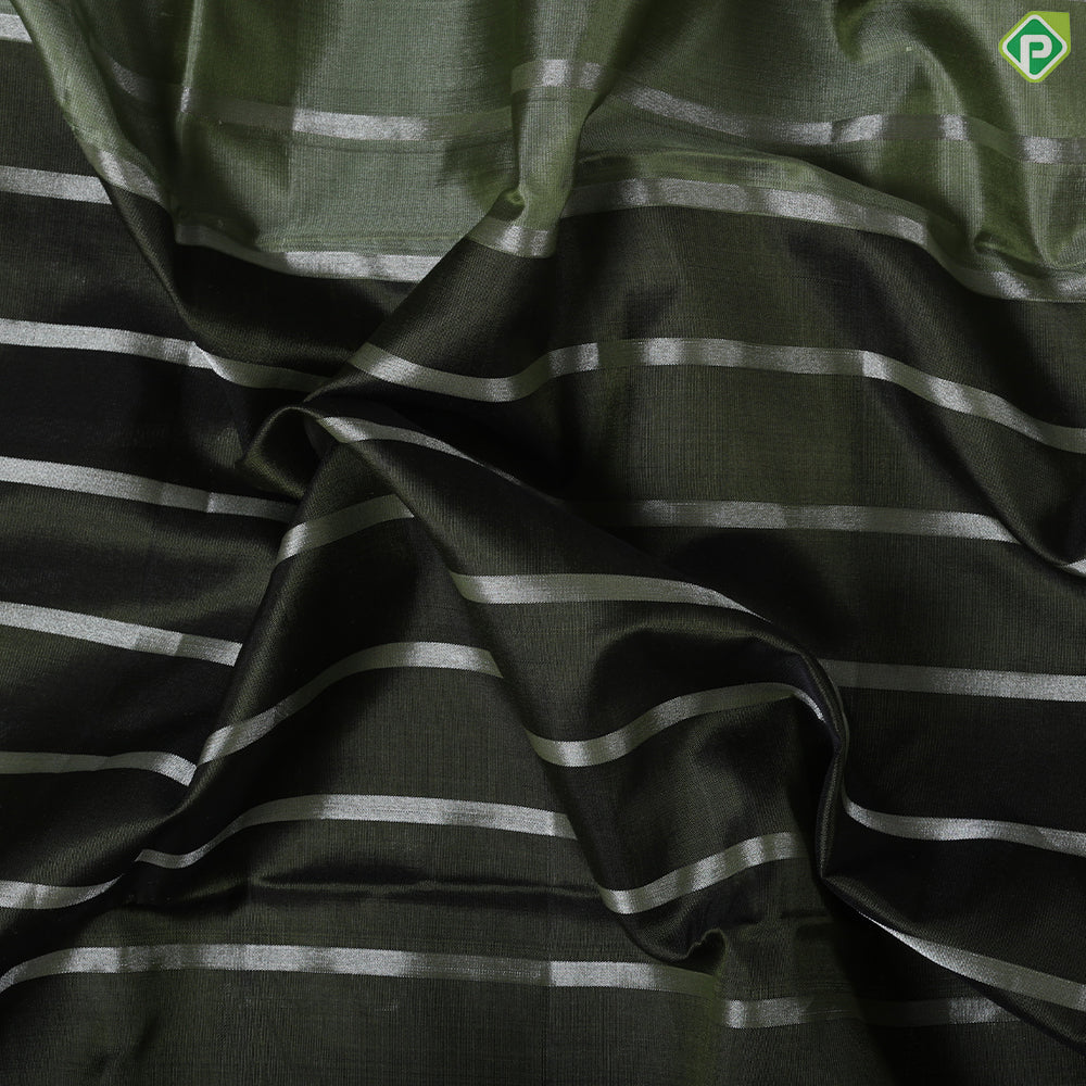 Olive green silver stripes design borderless soft silk saree