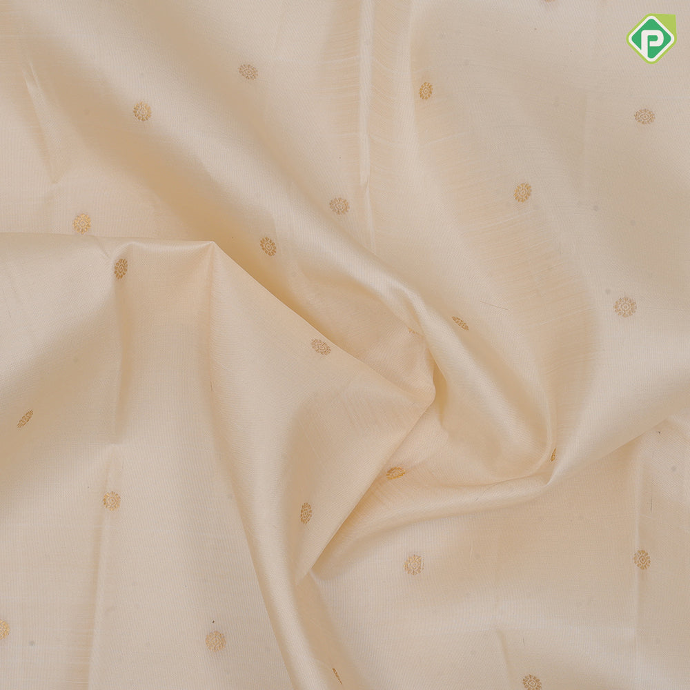 Cream White Gold Zari Chagaram Small Motif Design Purple Mango Floral Border Design Traditional Silk Saree