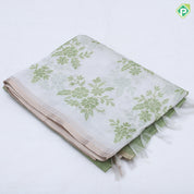 White base pastel color flower design gold zari edge border fancy cotton saree