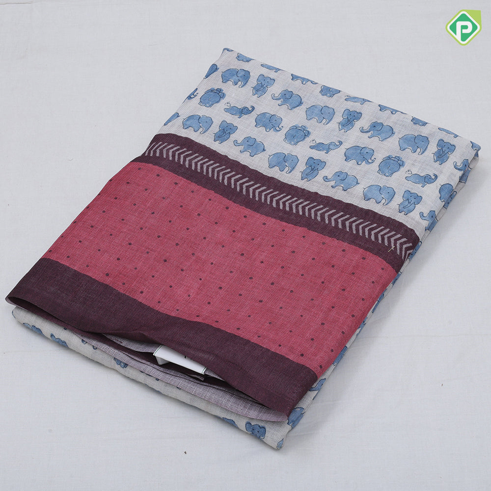 White Based Small Elephant Motif Contrast Border Arrow And Dart Design Fancy Cotton Saree