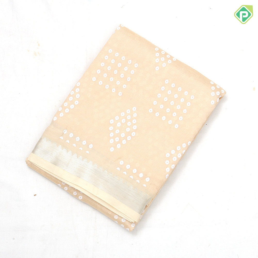 Light color base white dots grouped shapes design self silver zari border fancy chiffon sarees