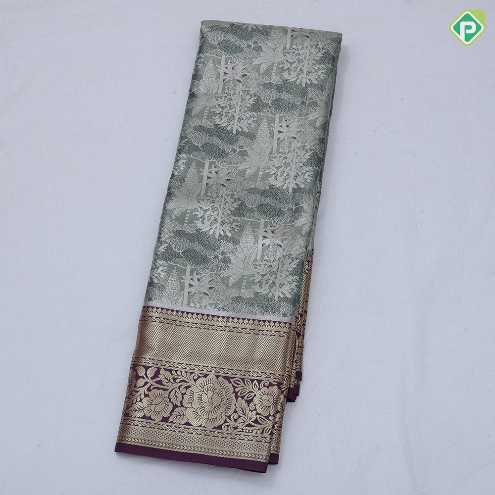 Orangish pink silver zari painting design rexona green gold zari flower butta border tissue art silk saree