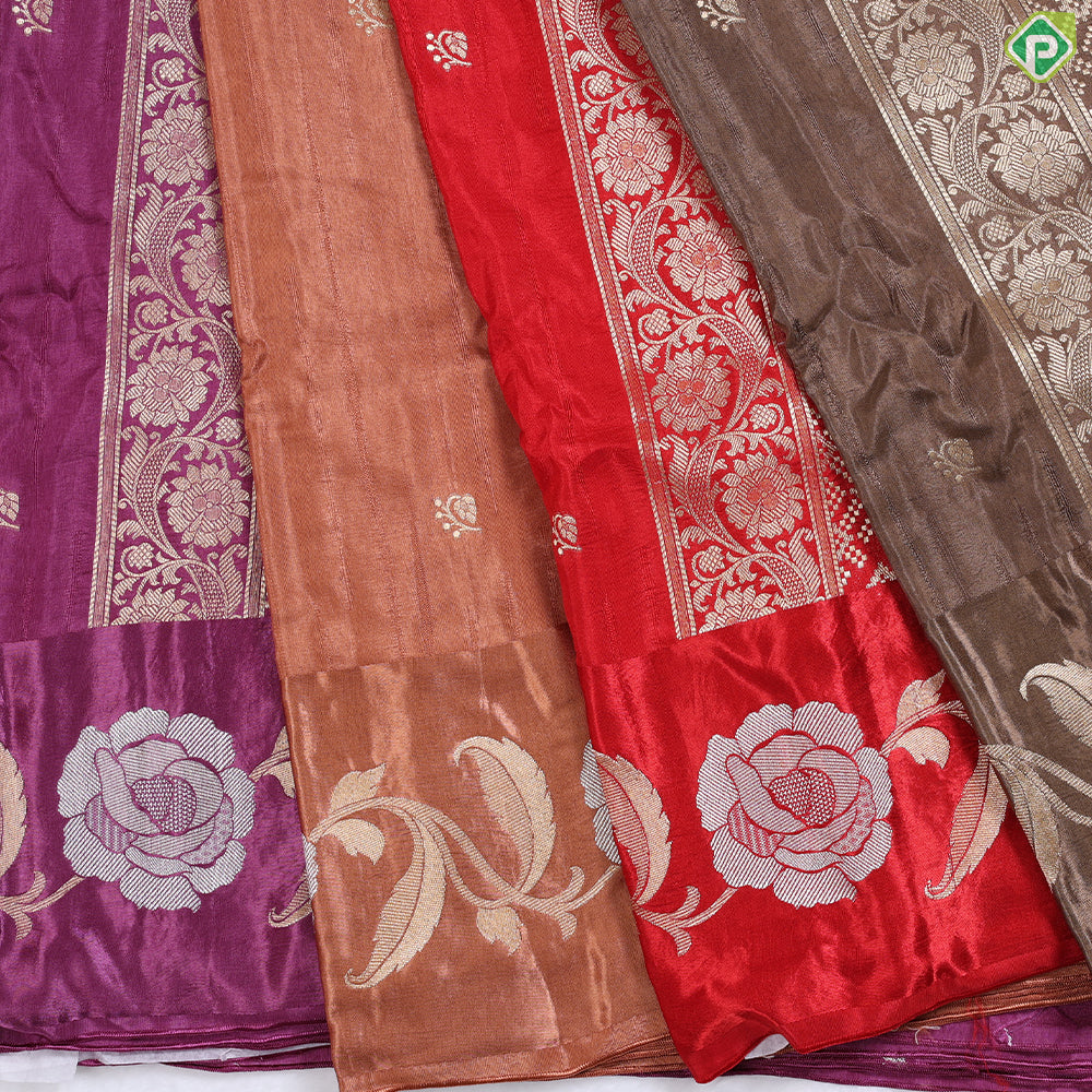 Purple Pink Gold Zari butta design satin Fancy Saree
