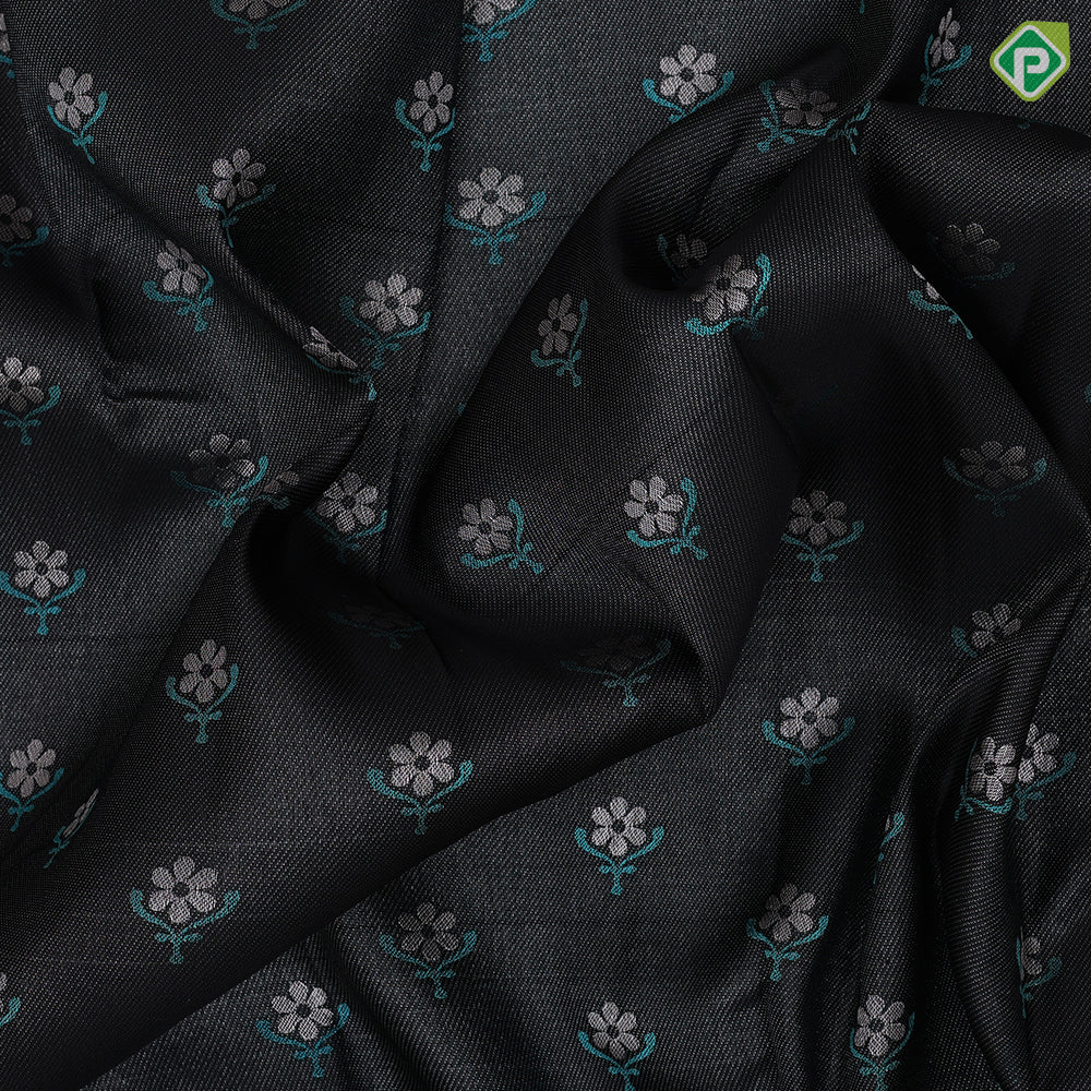 Luxury black base silver zari rama blue fancy flower butta silver grey rama blue flower and peacock design border signature tissue silk saree