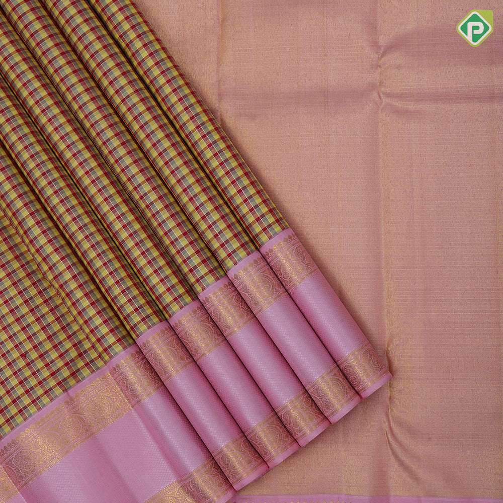 Tri color with gold zari micro checks design pale pink gold zari mango butta retta pattai border traditional silk saree