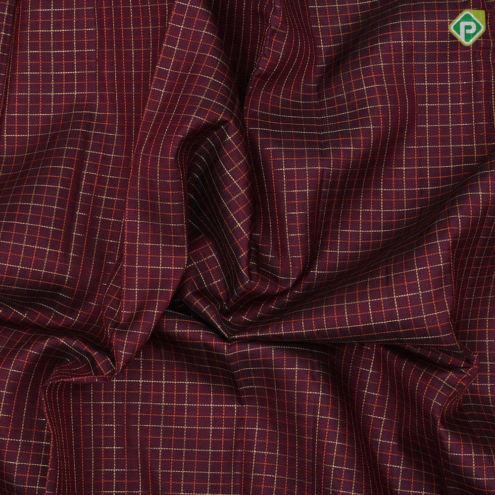 grape brown gold zari and silk thread checks design self gold zari peacock lines border traditional silk saree