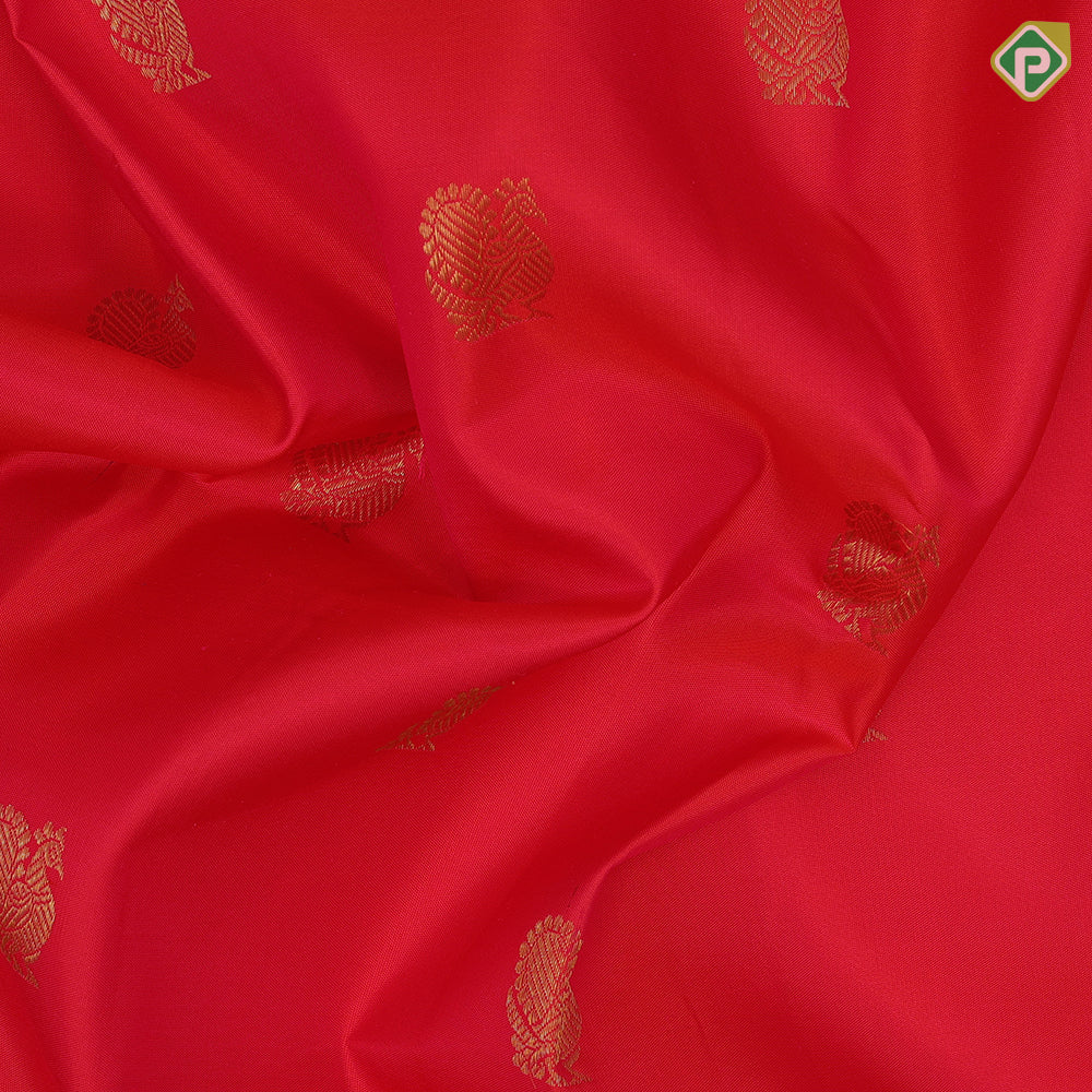 Tomato red gold zari annam butta design purple blue gold zari meena work border retro traditional silk saree