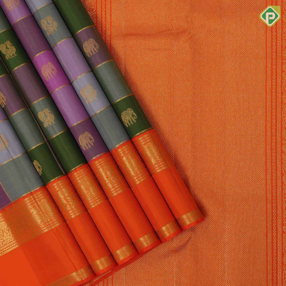 Pastel multi color gold zari checks annam elephant butta motifs fanta orange gold zari rettapett border traditional silk saree