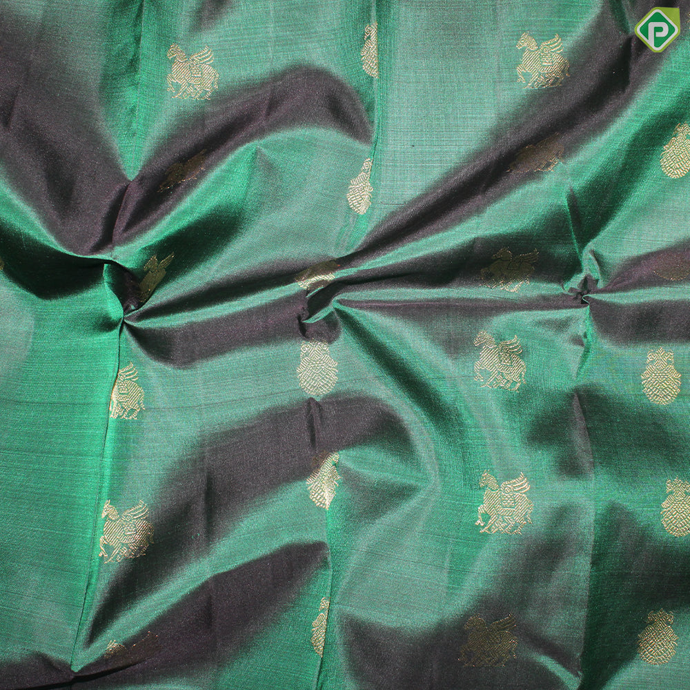 Green Color Horse Motif Gold Zari With Self Color Border Traditional Silk Saree