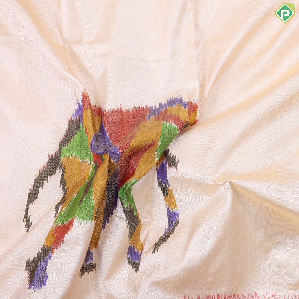 Cream white multicolor elephant ikkat design rani red gold zari multi lines border ikkat silk saree