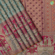 cardamon green gold zari grand meena work design cream pink gold zari flower pot and dancing girls meena work border avtar style tissue silk saree