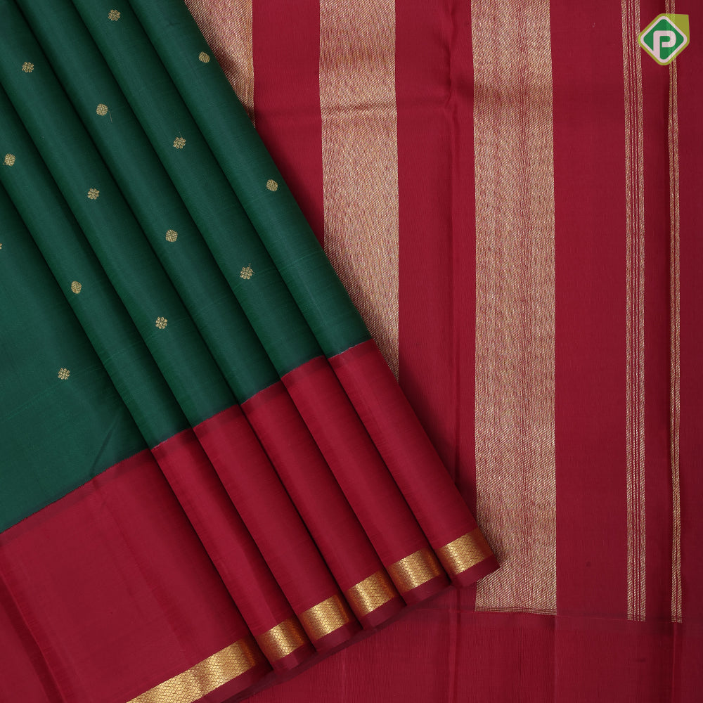 Bottle Green Gold Zari Ruthracham Motif Maroon Colour Edge Mailgan Border Design Traditional Silk Saree