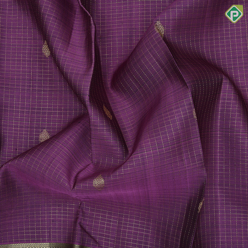 Wild Berry Gold Zari Checked And Small Motif Royal Blue Peacock Border Design Traditional Silk Saree