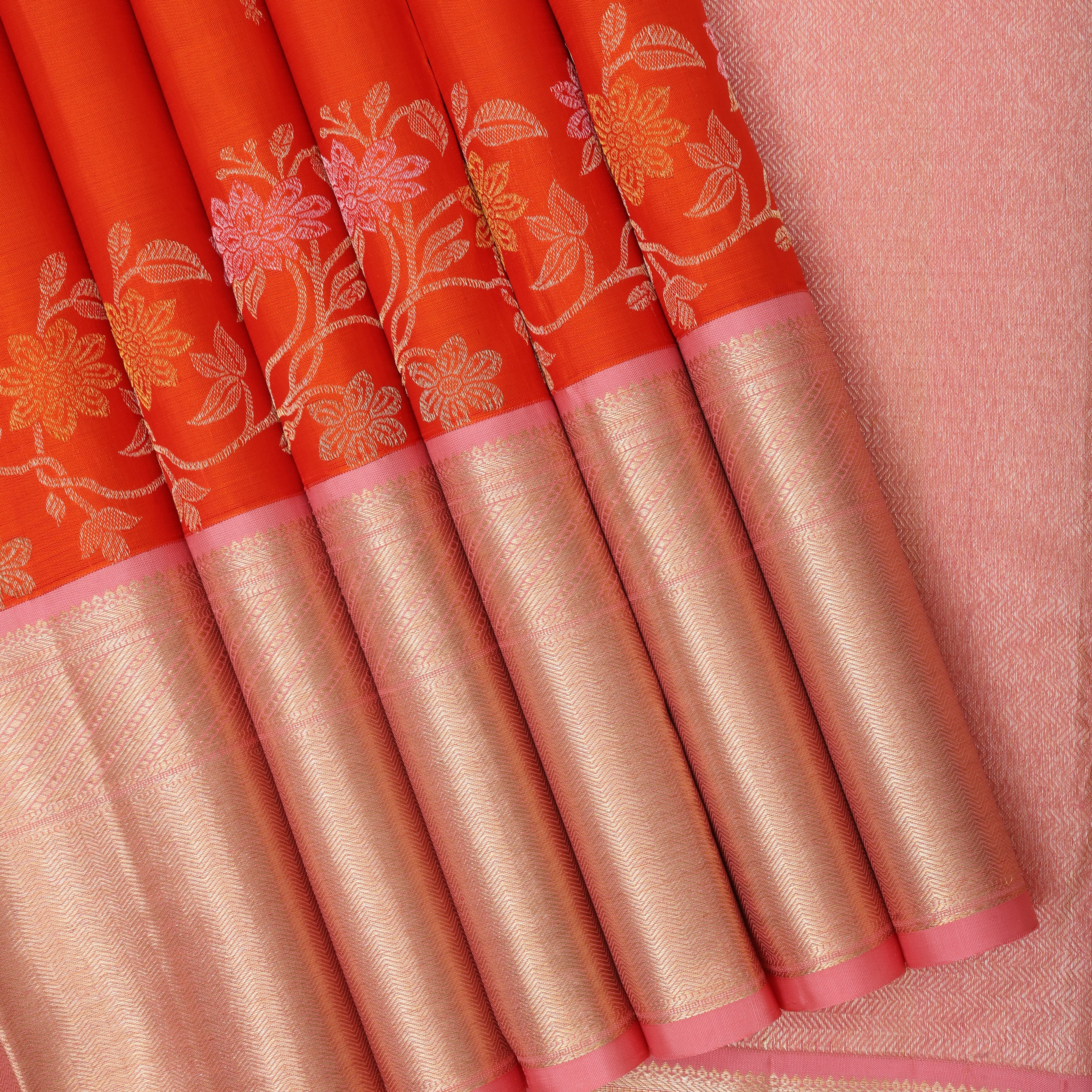 Fanta Orange silver gold zari star butta floral creeper padded pink silver gold zari zig zag border bridal silk saree