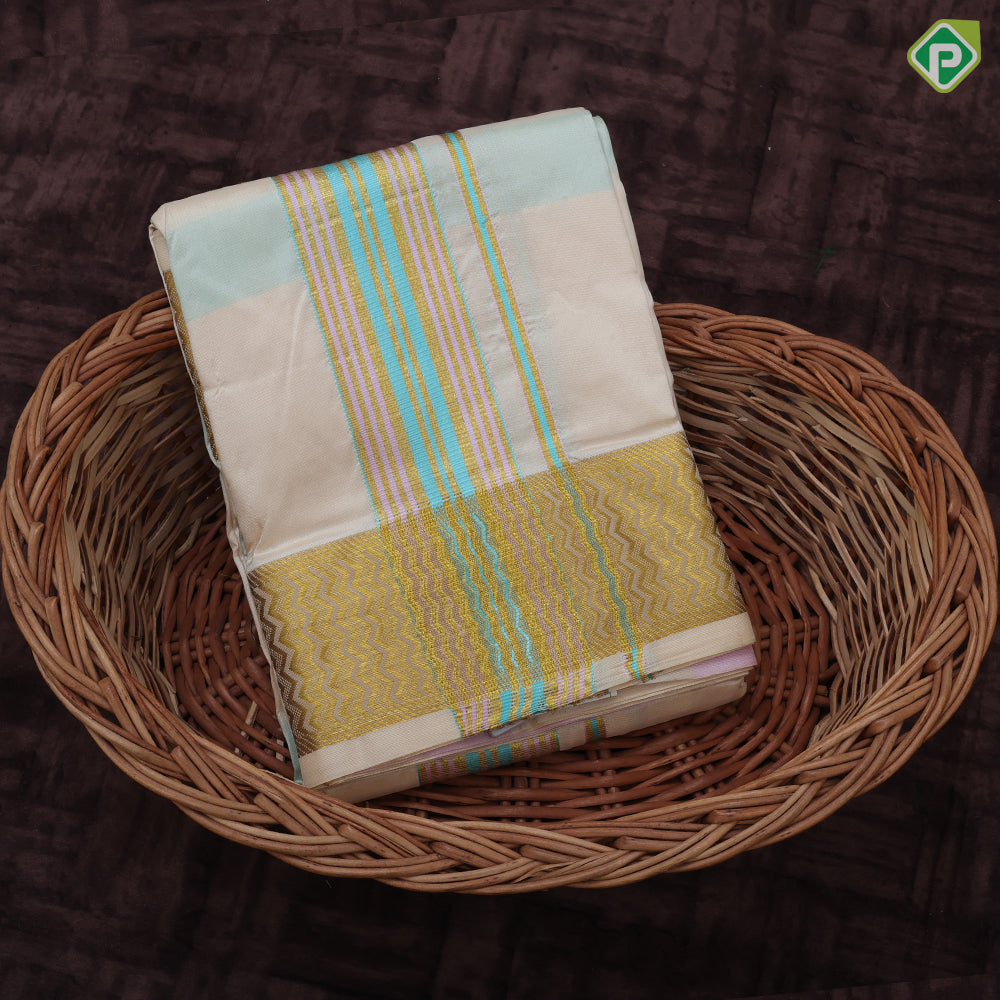 creamy sandal multi color checks design gold zari mayilkan border 8*4 silk dhoti set
