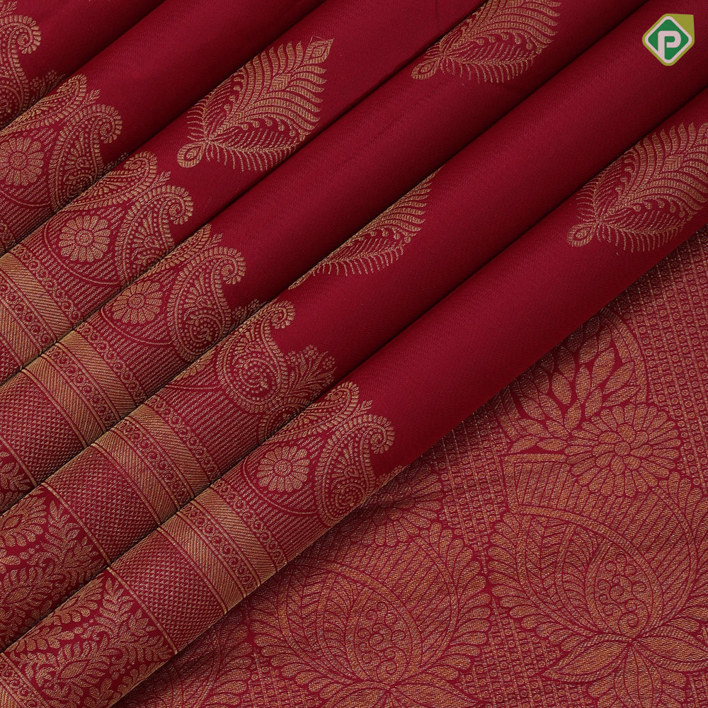 Maroon red gold zari fancy leaf design self gold mango butta turning border gift silk saree