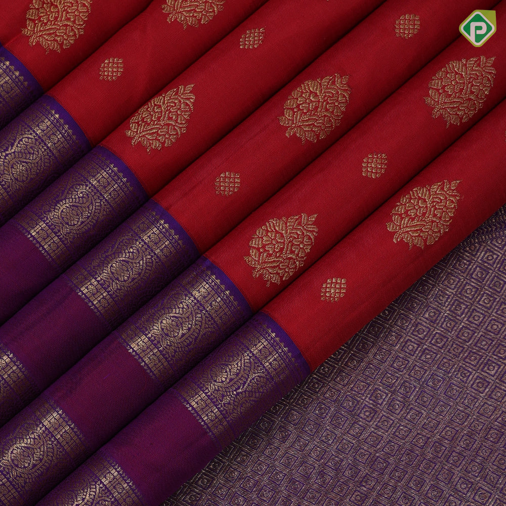 Chilly red gold zari thilagam rudraksham butta design purple and blue silver gold zari rettapett border navratri special silk saree