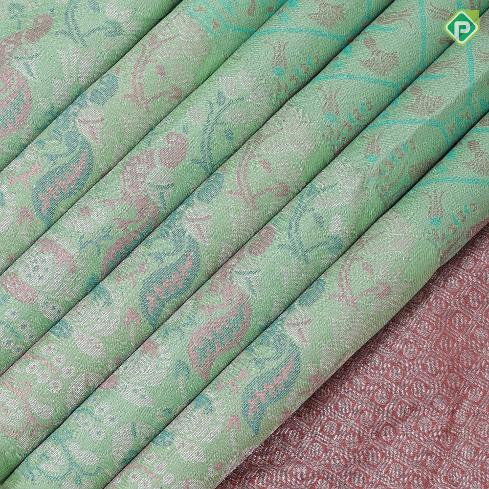 Pista green multi color thread fancy flower pot design self multi color zari peacock fancy butta border trendy designer silk saree