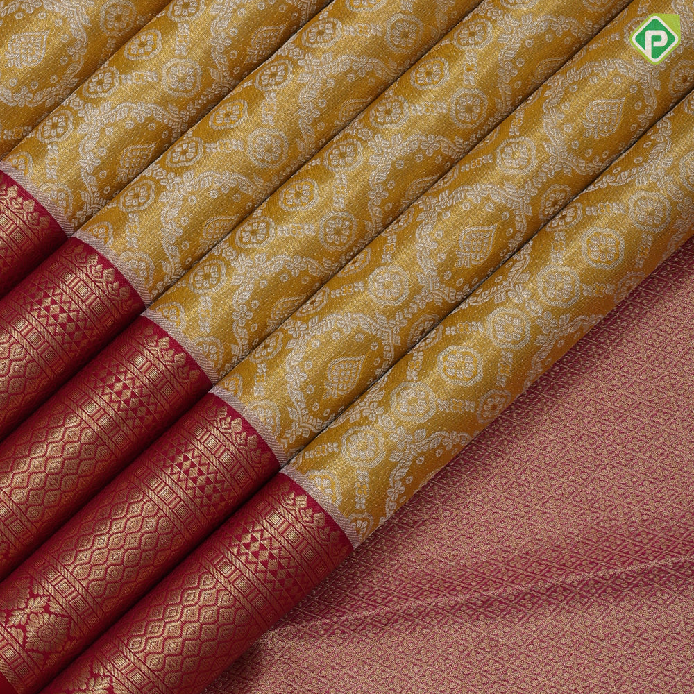 Mustard Yellow Gold Zari Flower Floral Design Chilly Red Colour Mayilkan Flower Border Design Wedding Silk Saree