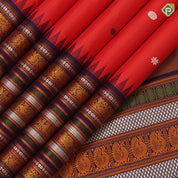 Tomato red multi color thread work butta design violet base multi color thread butta lines border traditional silk saree