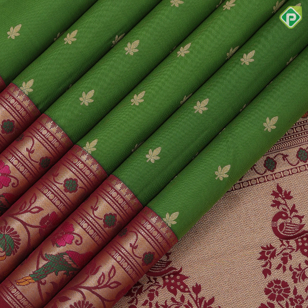 Forest green gold zari small leaf butta design marron red gold zari multi color pythoni style border gift silk saree