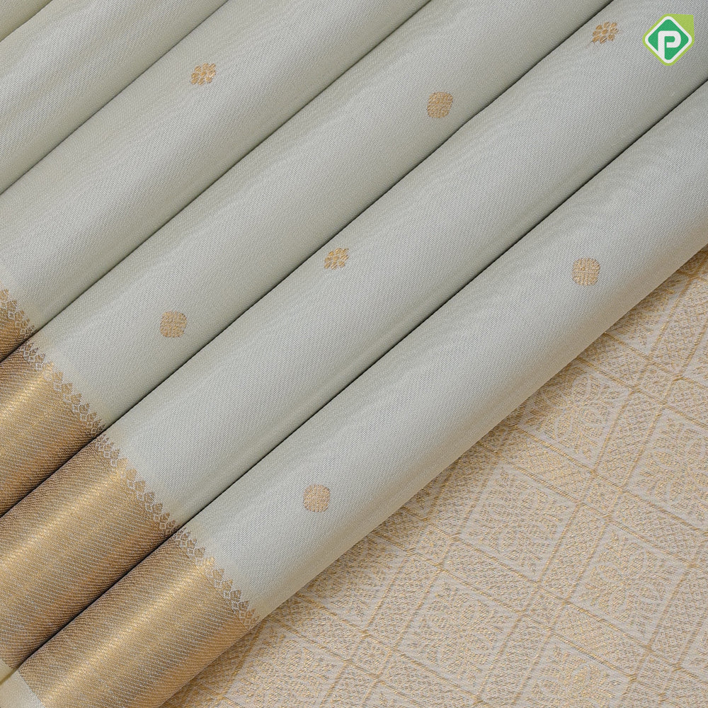 Milk white gold zari flower and coin butta design self gold zari bavanji border traditional silk saree