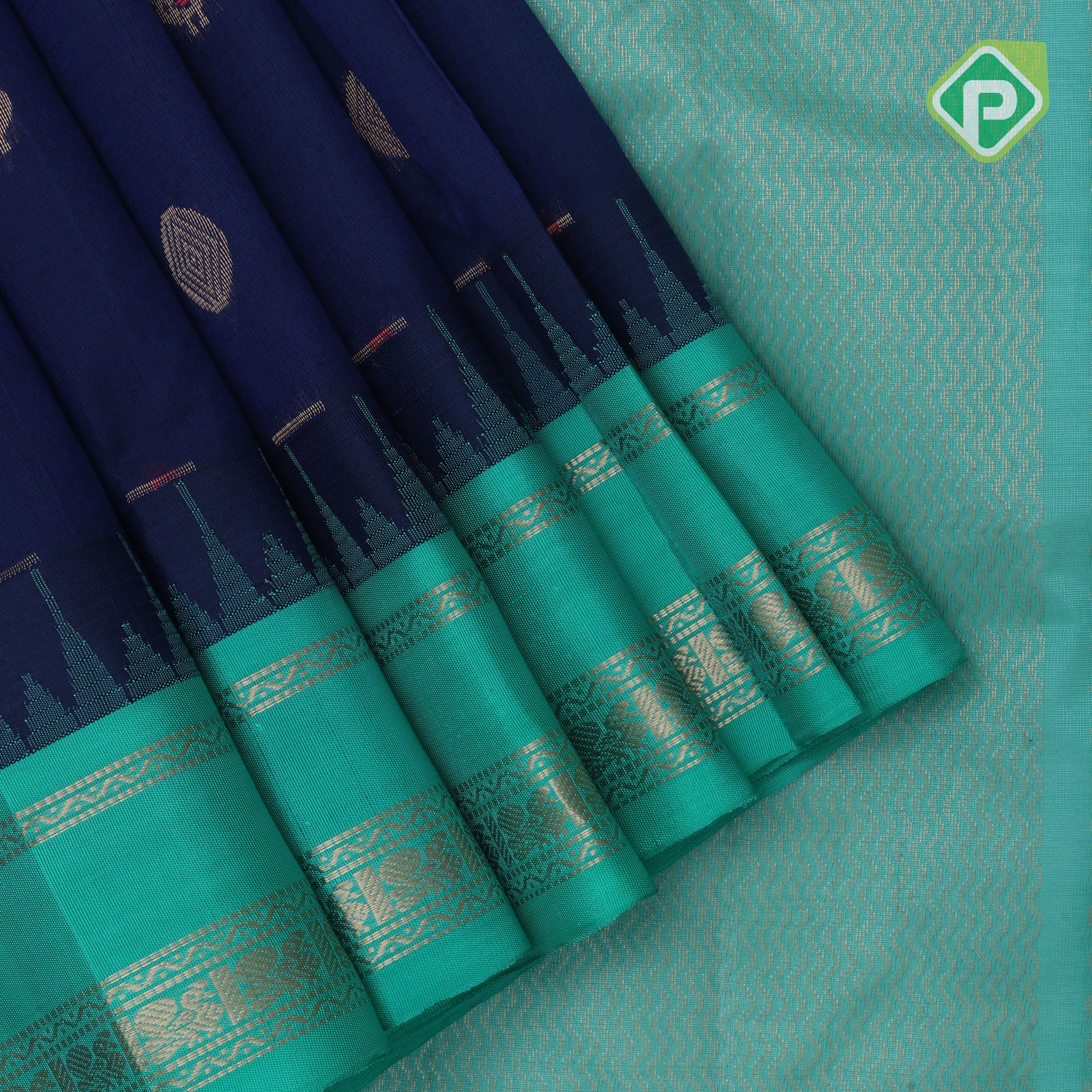 Indigo blue with zari butta meena work rama green gold zari border kuppadam silk cotton saree