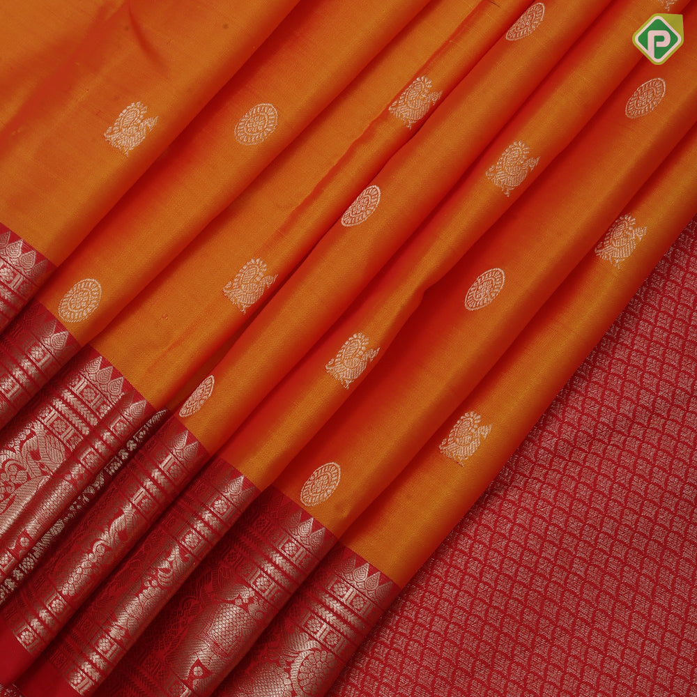 Mango yellow silver gold zari chakkaram annam butta rani red silver gold zari Annam elephant border pure mix silk saree