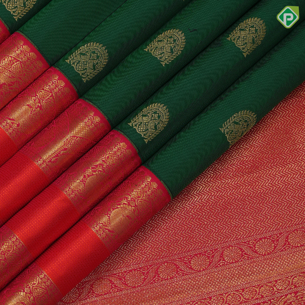 Bottle green gold zari arch and double peacock butta red gold zari elephant and arch retta pett border silk saree