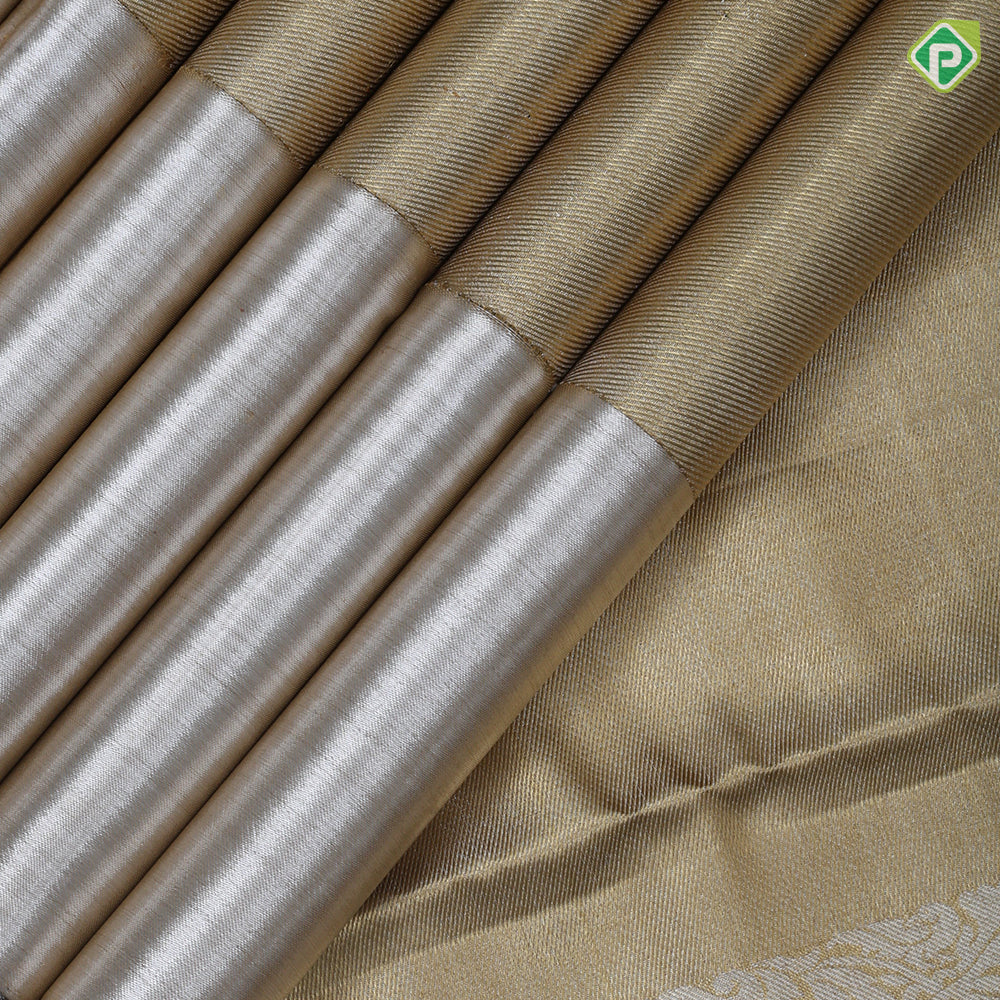 gold base zari by zari tissue plain shimmer design contrast silver zari plain shimmer border Grand bridal tissue silk saree