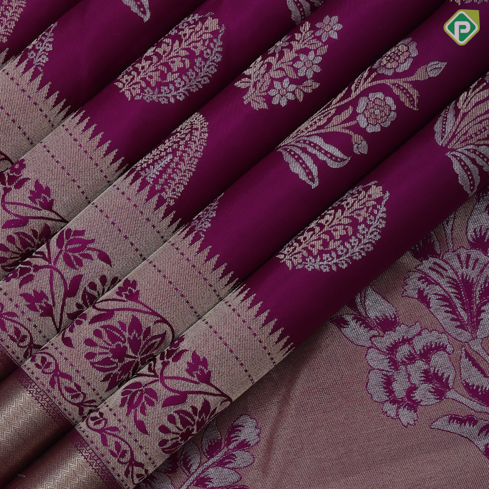 Magenta Gold Silver Zari Flower Manga Design Self Colour Floral Border Design Trendy Silk Saree